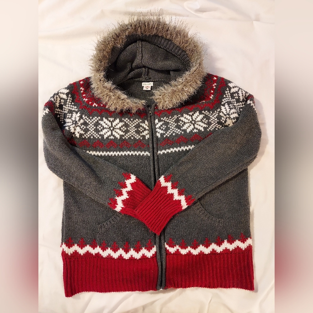 Motherhood Maternity Gray and Red Fair Isle Zip-Up Sweater With Faux Fur Trim - Picture 7 of 7